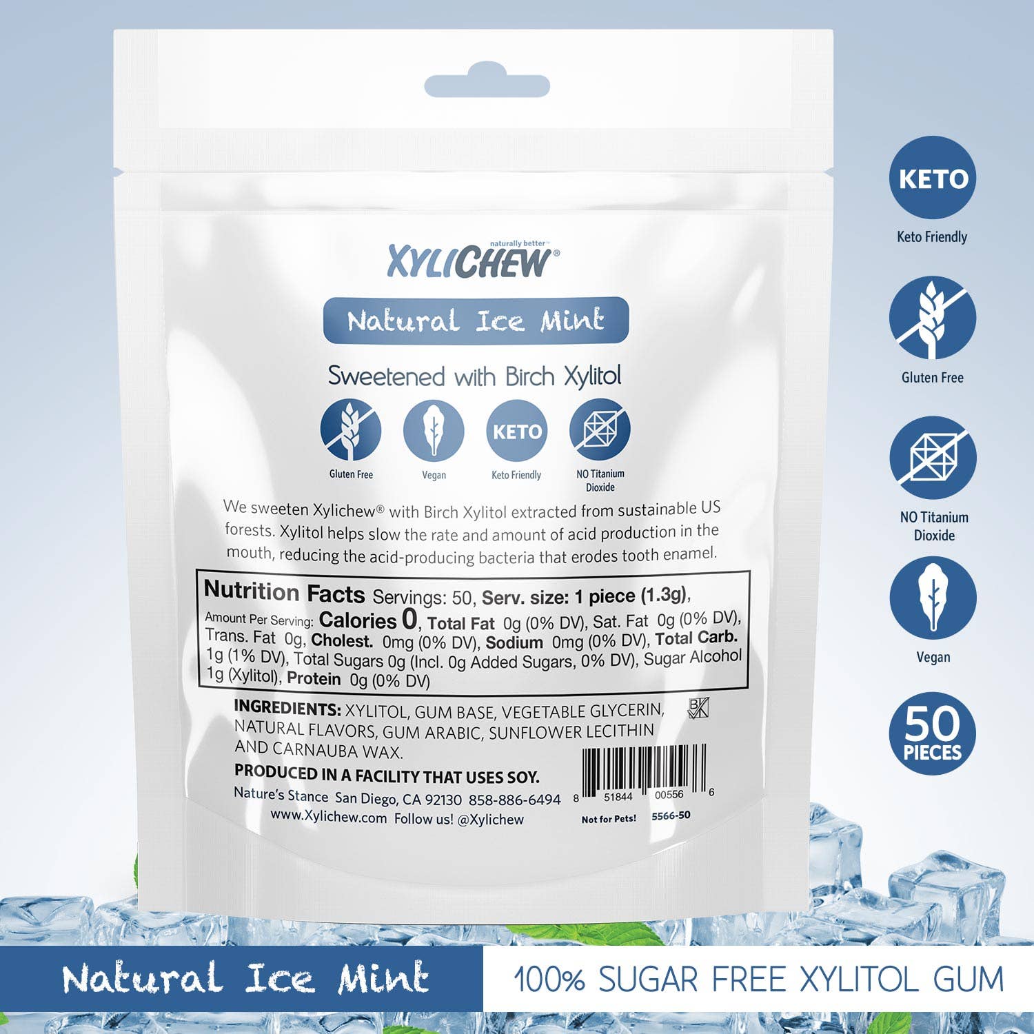 🧊 XyliChew Ice Mint Gum – 50 Count | Sugar-Free, Natural Xylitol Chewing Gum for Fresh Breath & Healthy Teeth