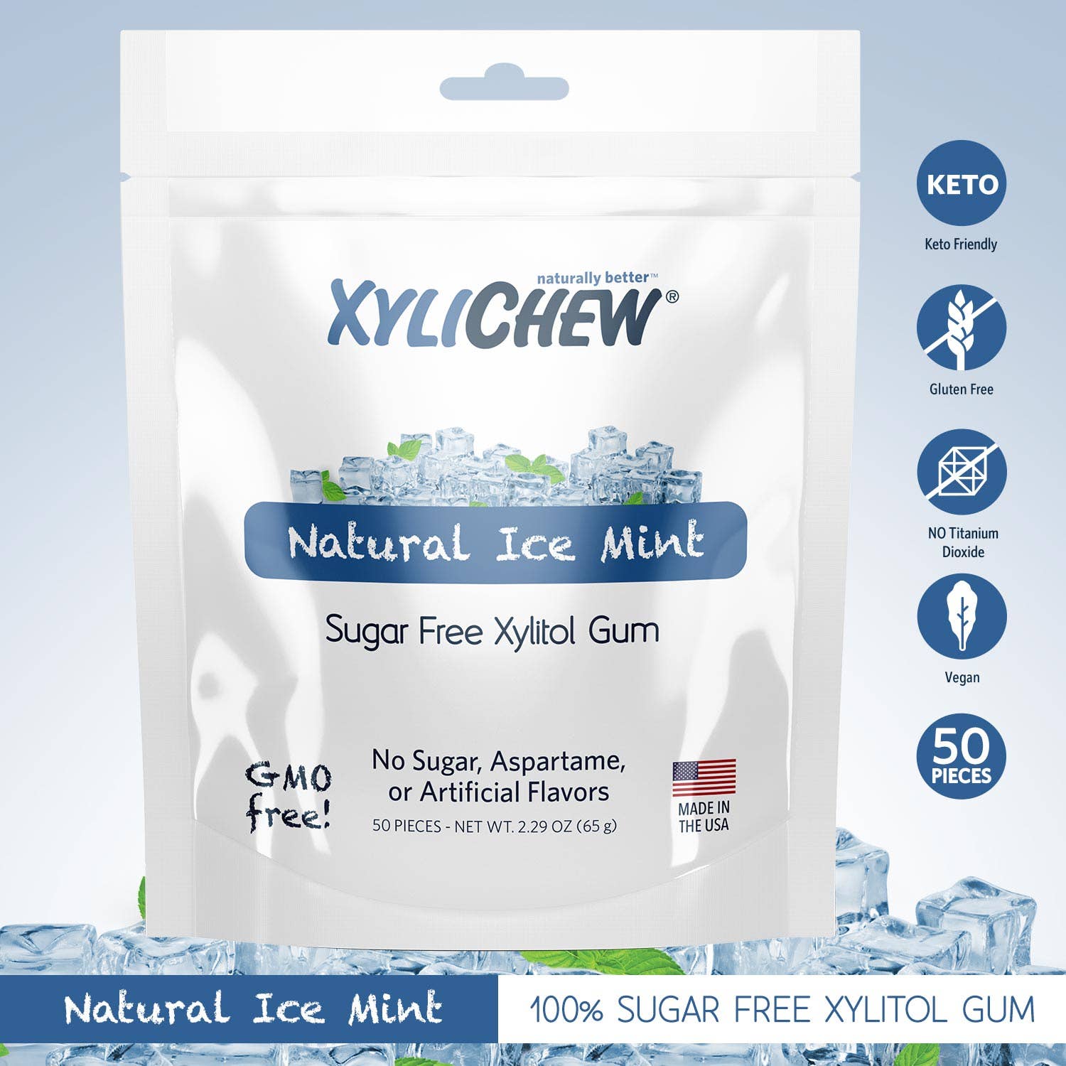 🧊 XyliChew Ice Mint Gum – 50 Count | Sugar-Free, Natural Xylitol Chewing Gum for Fresh Breath & Healthy Teeth
