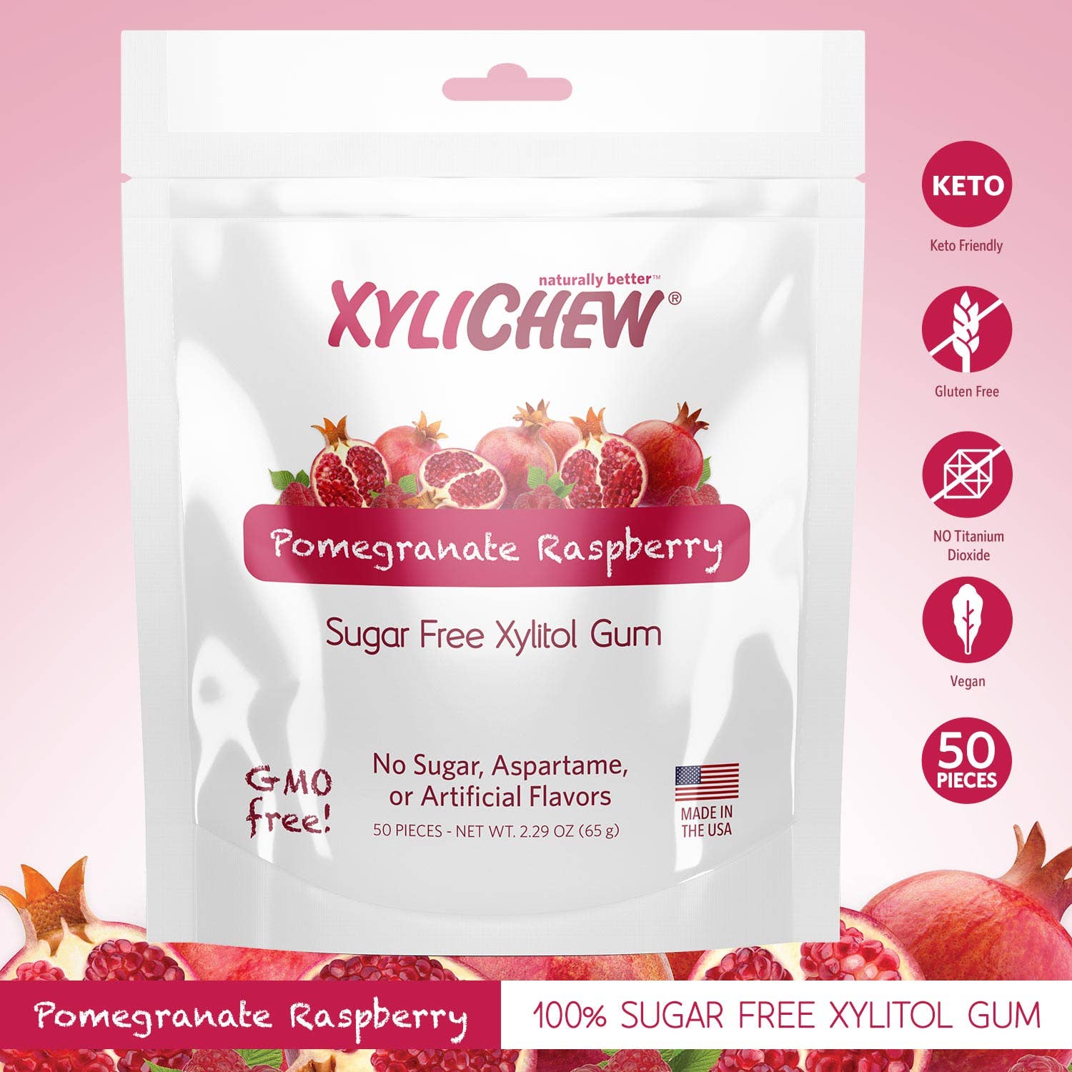 ❤️ XyliChew Pomegranate Gum – 50 Count | Sugar-Free, Natural Xylitol Chewing Gum for Healthy Smiles