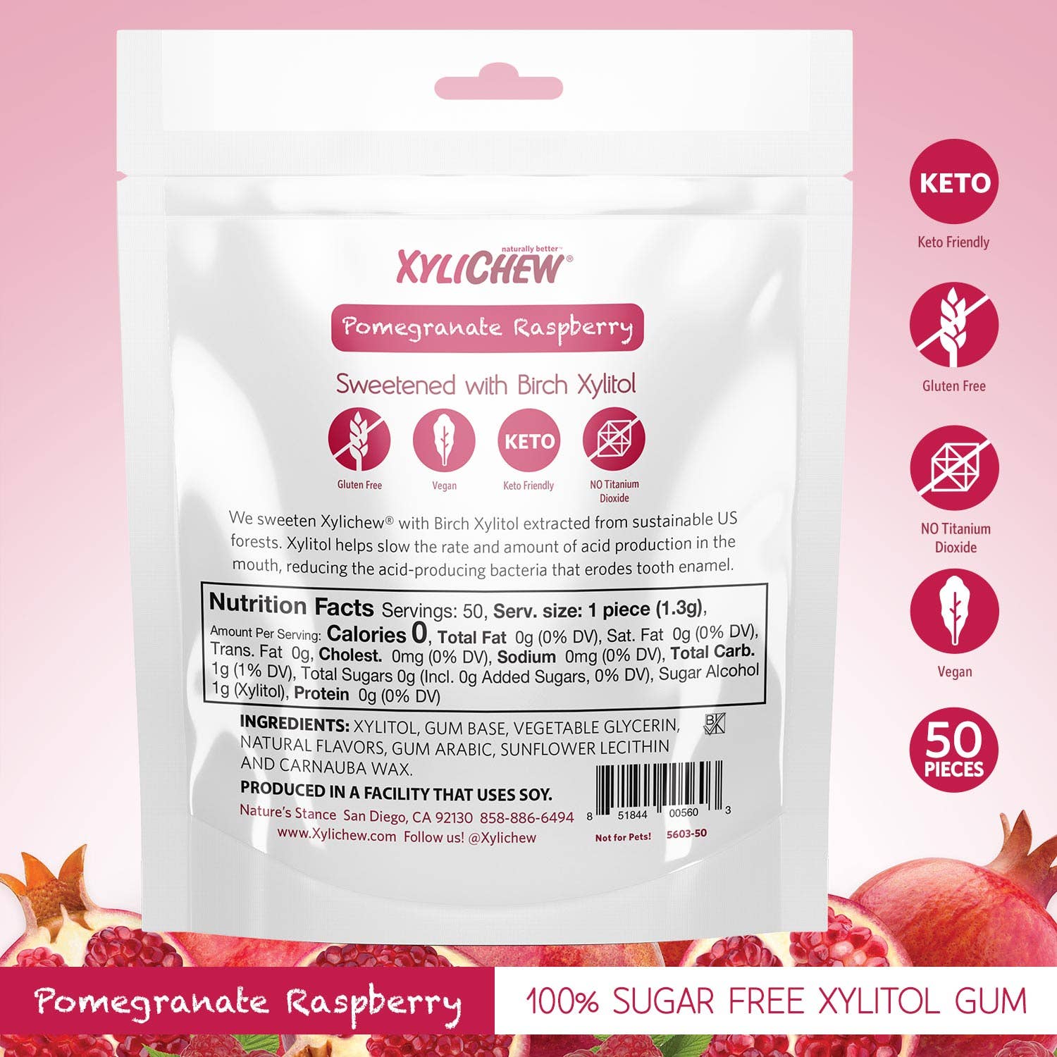 ❤️ XyliChew Pomegranate Gum – 50 Count | Sugar-Free, Natural Xylitol Chewing Gum for Healthy Smiles