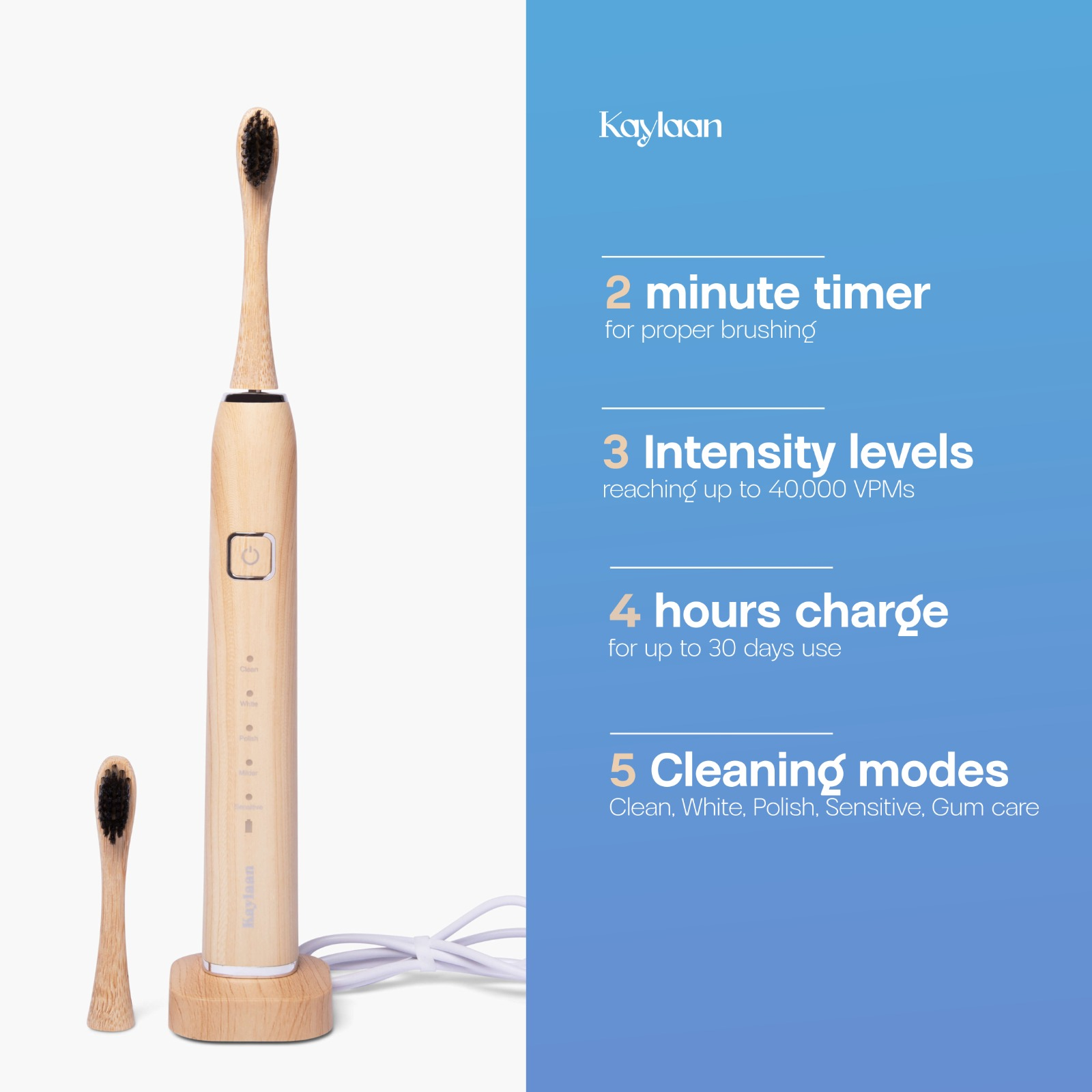 🪥 Kaylaan Electric Bamboo Toothbrush – Compostable Heads 🌿