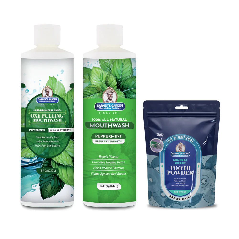 Garners Garden 16 oz Oxypulling Rinse + 16 oz Natural Rinse + Boost Tooth Powder